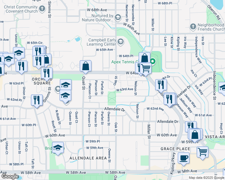 map of restaurants, bars, coffee shops, grocery stores, and more near 6348 Oak Court in Arvada