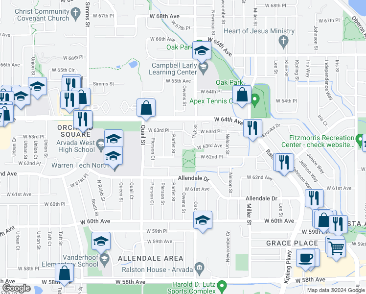 map of restaurants, bars, coffee shops, grocery stores, and more near 6348 Oak Court in Arvada