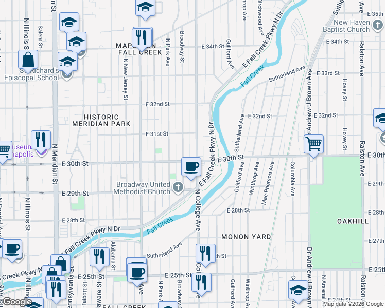 map of restaurants, bars, coffee shops, grocery stores, and more near 3032 North College Avenue in Indianapolis