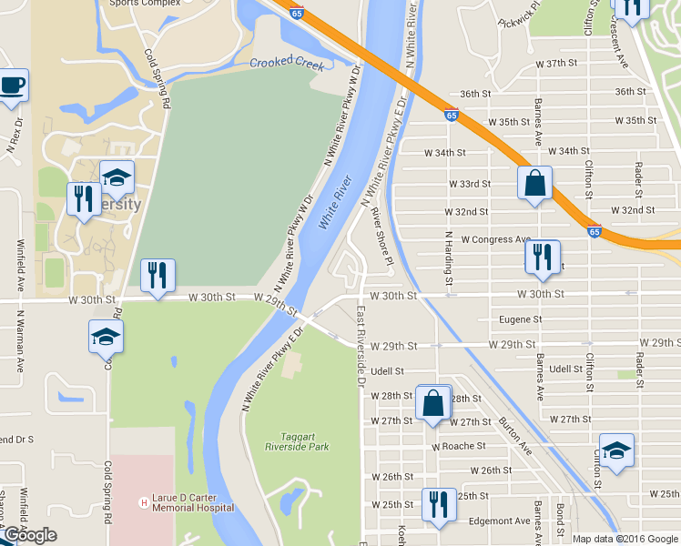 map of restaurants, bars, coffee shops, grocery stores, and more near 3109 Skylar Lane in Indianapolis