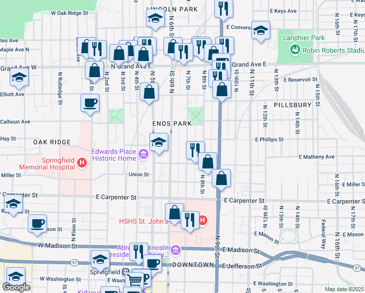 map of restaurants, bars, coffee shops, grocery stores, and more near 854 North 7th Street in Springfield