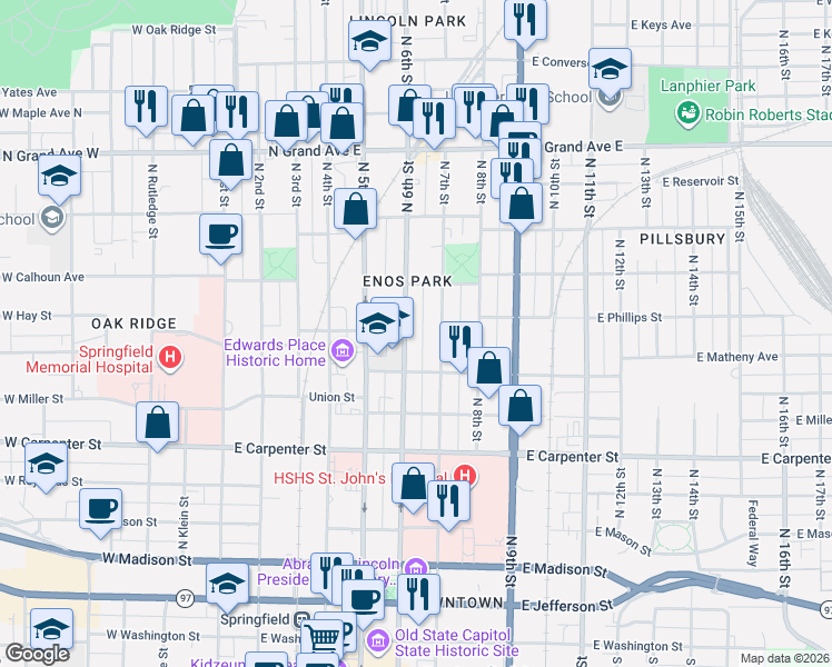 map of restaurants, bars, coffee shops, grocery stores, and more near 916 North 6th Street in Springfield