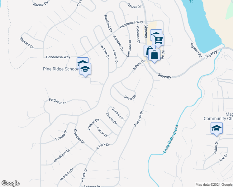 map of restaurants, bars, coffee shops, grocery stores, and more near 6440 Shaw Circle in Magalia