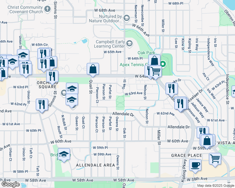map of restaurants, bars, coffee shops, grocery stores, and more near 10830 West 63rd Avenue in Arvada