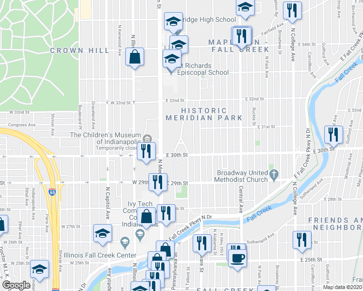 map of restaurants, bars, coffee shops, grocery stores, and more near 3015 North Pennsylvania Street in Indianapolis