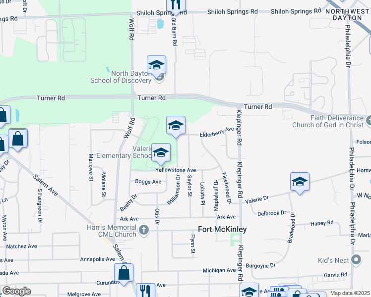 map of restaurants, bars, coffee shops, grocery stores, and more near 4369 Saylor Street in Dayton