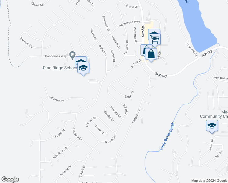 map of restaurants, bars, coffee shops, grocery stores, and more near 6440 Shaw Circle in Magalia