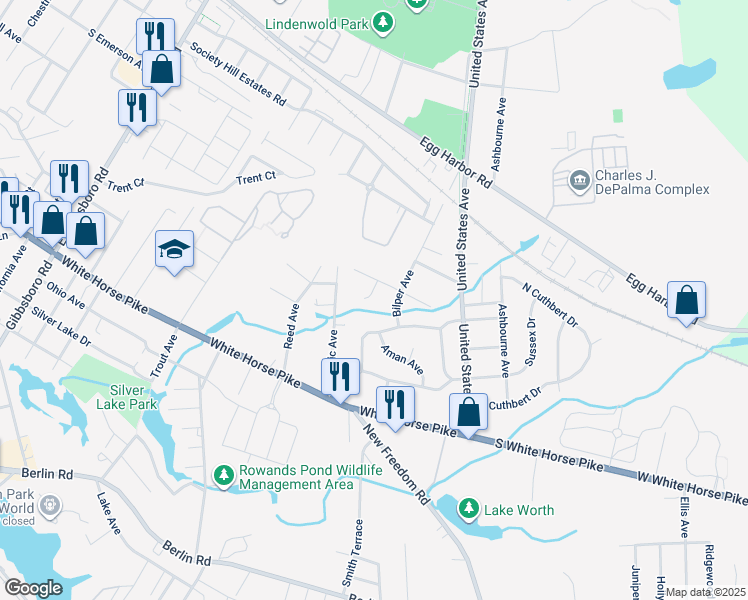 map of restaurants, bars, coffee shops, grocery stores, and more near 205 Dale Place in Lindenwold