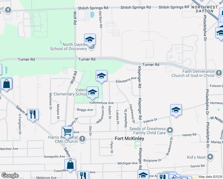 map of restaurants, bars, coffee shops, grocery stores, and more near 4406 Saylor Street in Dayton