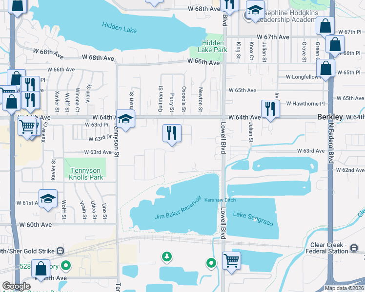 map of restaurants, bars, coffee shops, grocery stores, and more near 6230 Osceola Way in Arvada