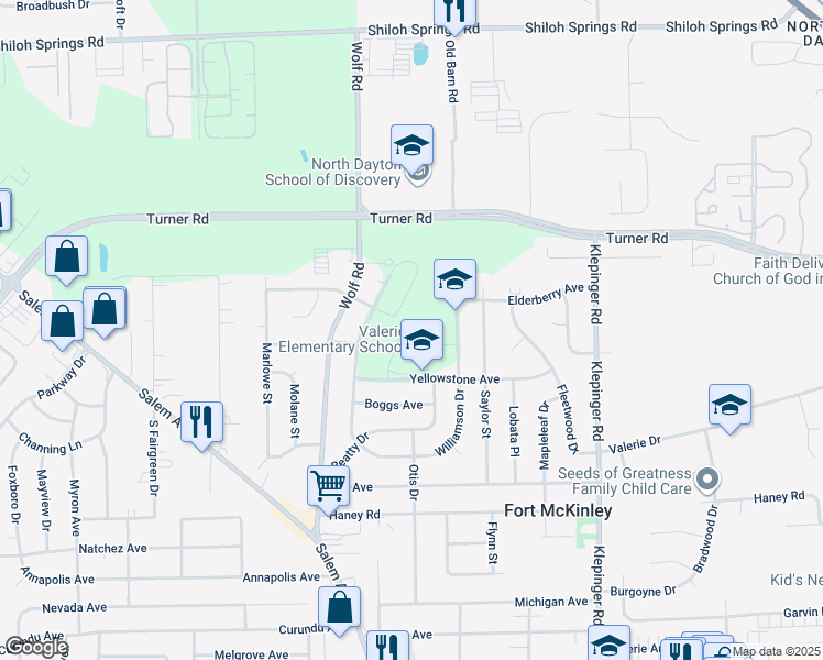 map of restaurants, bars, coffee shops, grocery stores, and more near 4448 Thompson Drive in Dayton