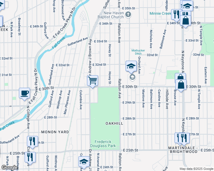 map of restaurants, bars, coffee shops, grocery stores, and more near 3024 Hovey Street in Indianapolis