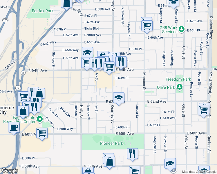 map of restaurants, bars, coffee shops, grocery stores, and more near 6285 Kearney Street in Commerce City