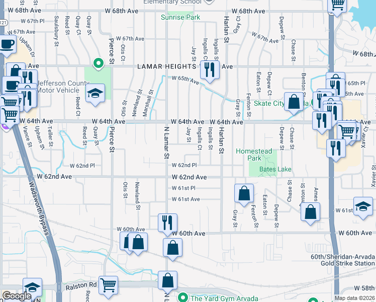 map of restaurants, bars, coffee shops, grocery stores, and more near 6332 Kendall Street in Arvada