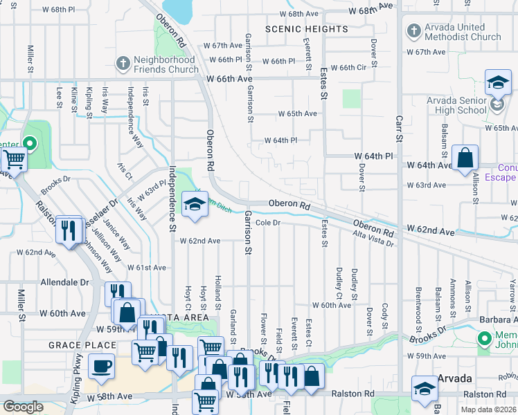 map of restaurants, bars, coffee shops, grocery stores, and more near 9105 Oberon Road in Arvada