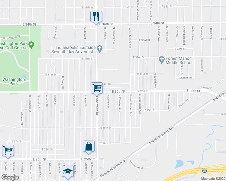 map of restaurants, bars, coffee shops, grocery stores, and more near 3925 East 31st Street in Indianapolis
