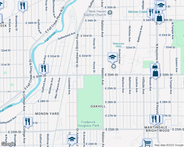 map of restaurants, bars, coffee shops, grocery stores, and more near 3024 Hovey Street in Indianapolis