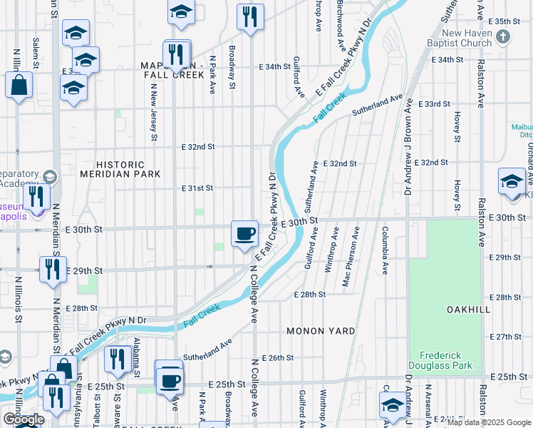 map of restaurants, bars, coffee shops, grocery stores, and more near 3038 East Fall Creek Parkway North Drive in Indianapolis
