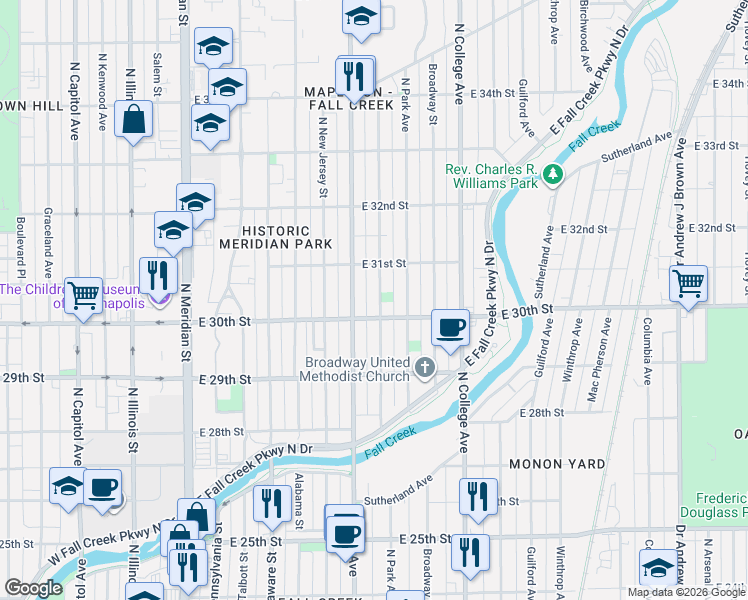 map of restaurants, bars, coffee shops, grocery stores, and more near 3041 Ruckle Street in Indianapolis