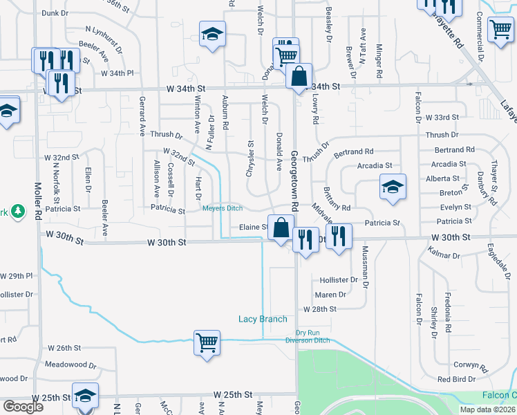 map of restaurants, bars, coffee shops, grocery stores, and more near 3125 Chrysler Street in Indianapolis