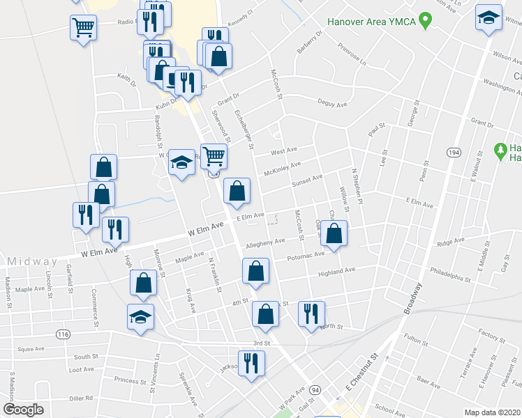 map of restaurants, bars, coffee shops, grocery stores, and more near 750 Eichelberger Street in Hanover