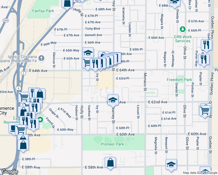 map of restaurants, bars, coffee shops, grocery stores, and more near 6285 Kearney Street in Commerce City