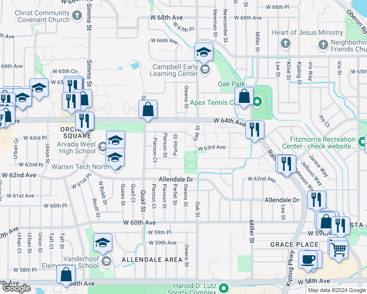 map of restaurants, bars, coffee shops, grocery stores, and more near 6348 Oak Court in Arvada