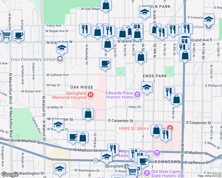 map of restaurants, bars, coffee shops, grocery stores, and more near 900 North 1st Street in Springfield