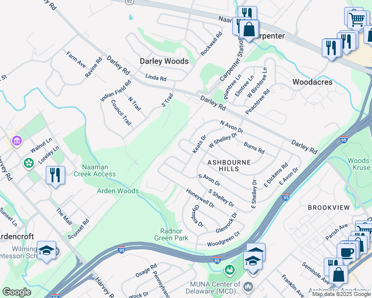 map of restaurants, bars, coffee shops, grocery stores, and more near 84 Ruby Drive in Claymont