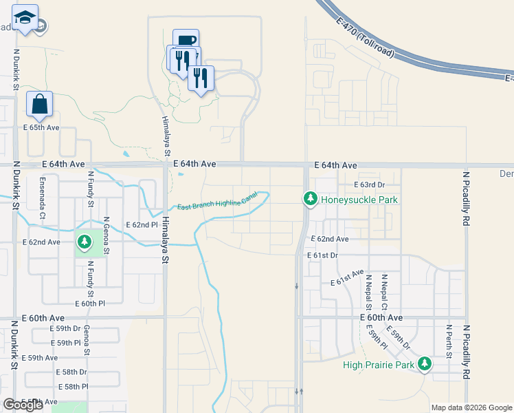 map of restaurants, bars, coffee shops, grocery stores, and more near 19676 East 64th Avenue in Aurora