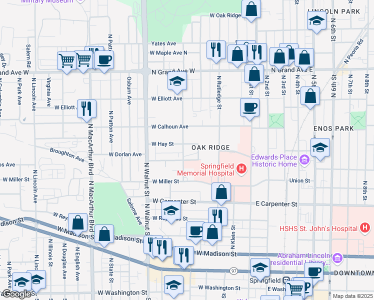 map of restaurants, bars, coffee shops, grocery stores, and more near 830 North Bond Street in Springfield