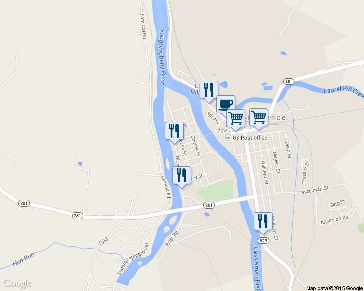map of restaurants, bars, coffee shops, grocery stores, and more near Jacobs Street in Confluence