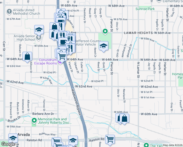 map of restaurants, bars, coffee shops, grocery stores, and more near 6339 Reed Street in Arvada
