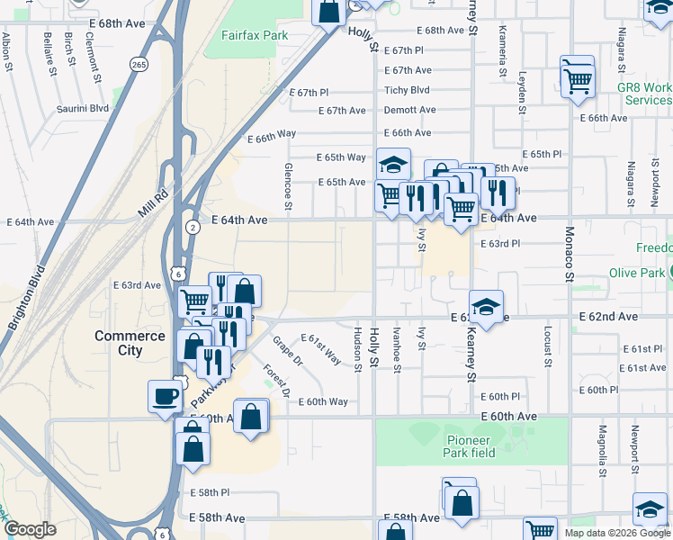 map of restaurants, bars, coffee shops, grocery stores, and more near 6301-6349 Holly Street in Commerce City