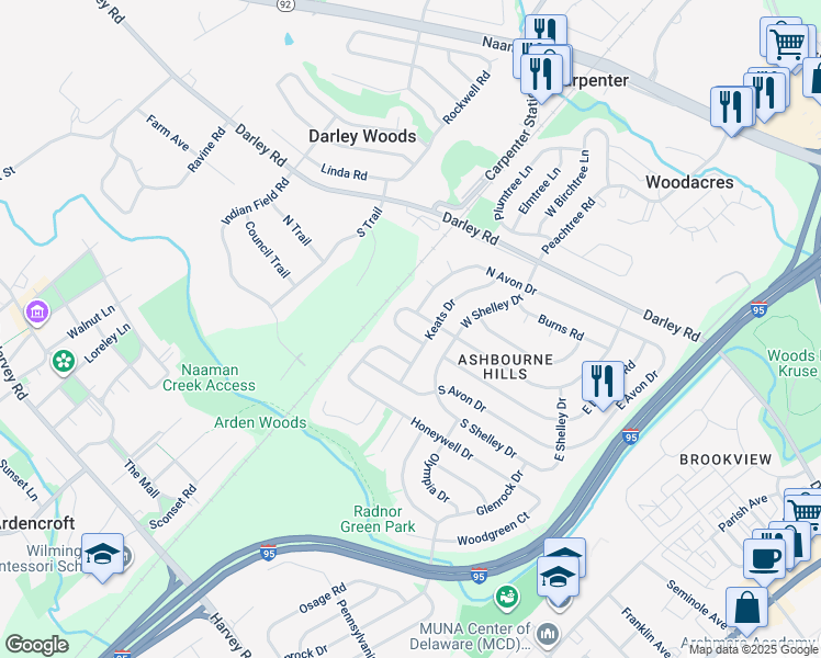 map of restaurants, bars, coffee shops, grocery stores, and more near 84 Ruby Drive in Claymont