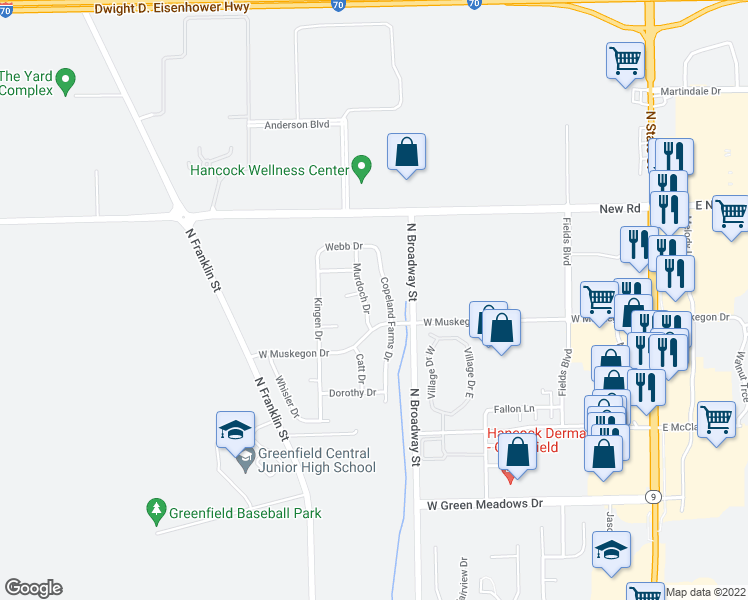 map of restaurants, bars, coffee shops, grocery stores, and more near 1833 Murdoch Drive in Greenfield