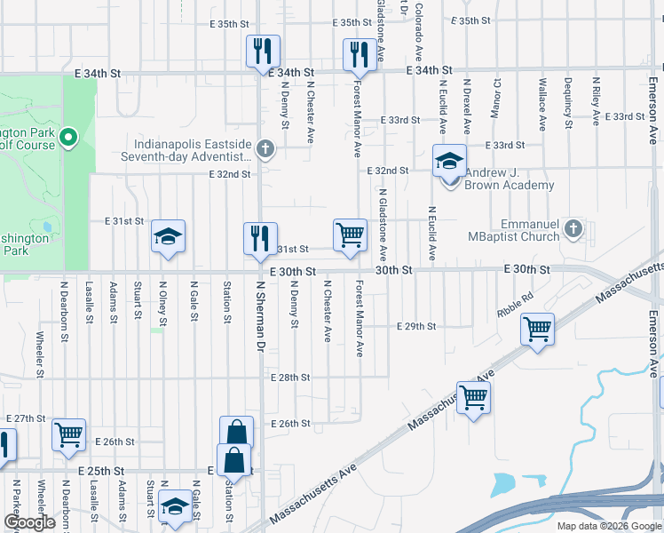 map of restaurants, bars, coffee shops, grocery stores, and more near 4021 East 31st Street in Indianapolis