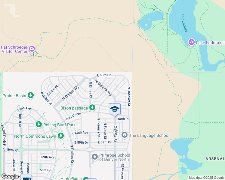map of restaurants, bars, coffee shops, grocery stores, and more near 10000 East 64th Avenue in Denver