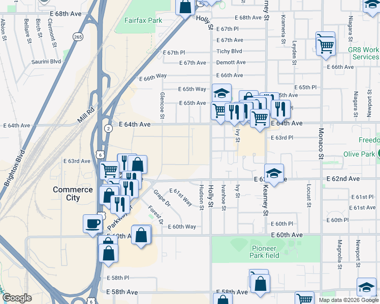 map of restaurants, bars, coffee shops, grocery stores, and more near 6301-6349 Holly Street in Commerce City