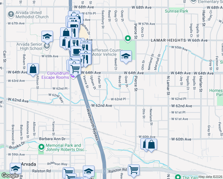 map of restaurants, bars, coffee shops, grocery stores, and more near 6339 Reed Street in Arvada