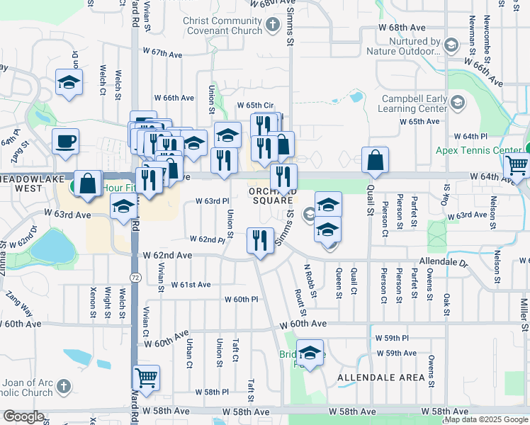 map of restaurants, bars, coffee shops, grocery stores, and more near 11640 West 62nd Place in Arvada