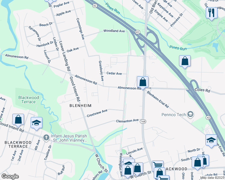 map of restaurants, bars, coffee shops, grocery stores, and more near 255 Almonesson Road in Camden County