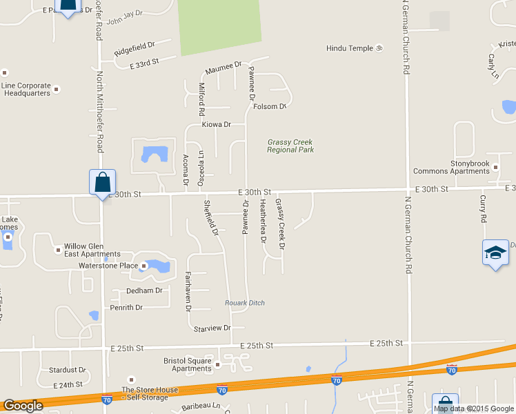 map of restaurants, bars, coffee shops, grocery stores, and more near 2919 Pawnee Drive in Indianapolis
