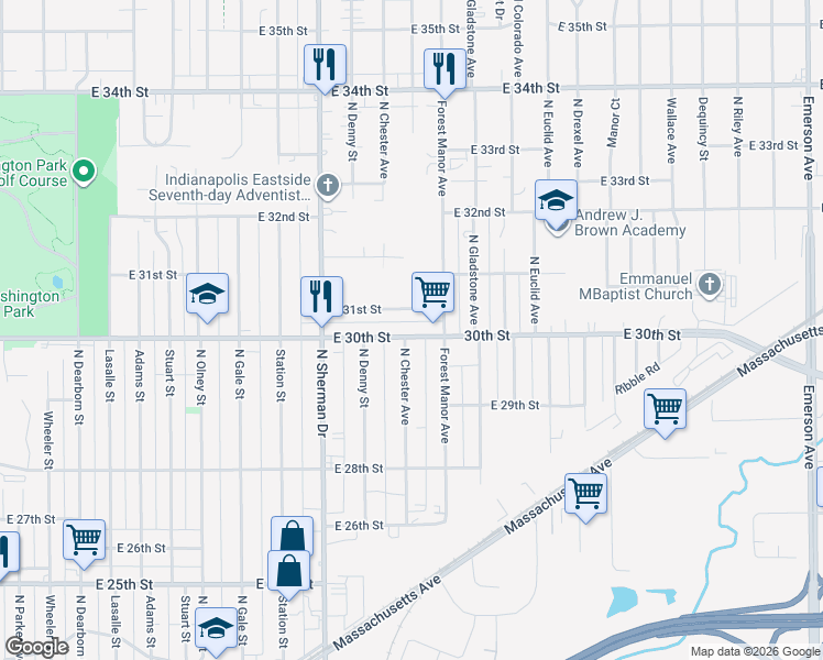 map of restaurants, bars, coffee shops, grocery stores, and more near 4021 East 31st Street in Indianapolis