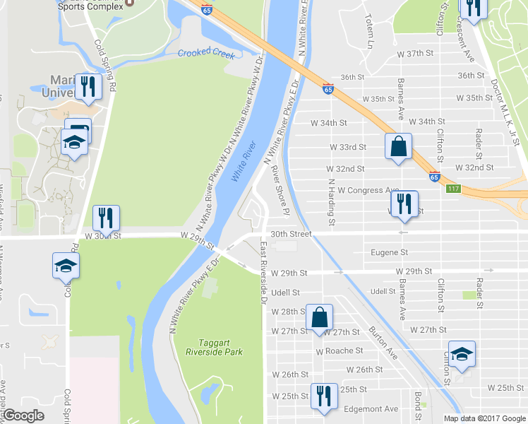 map of restaurants, bars, coffee shops, grocery stores, and more near 3103 North White River Parkway East Drive in Indianapolis
