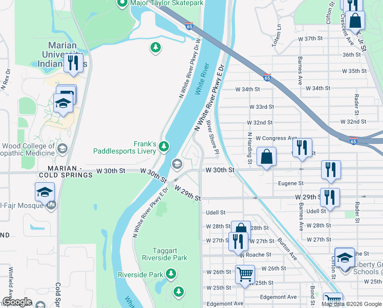map of restaurants, bars, coffee shops, grocery stores, and more near 3109 Skylar Lane in Indianapolis