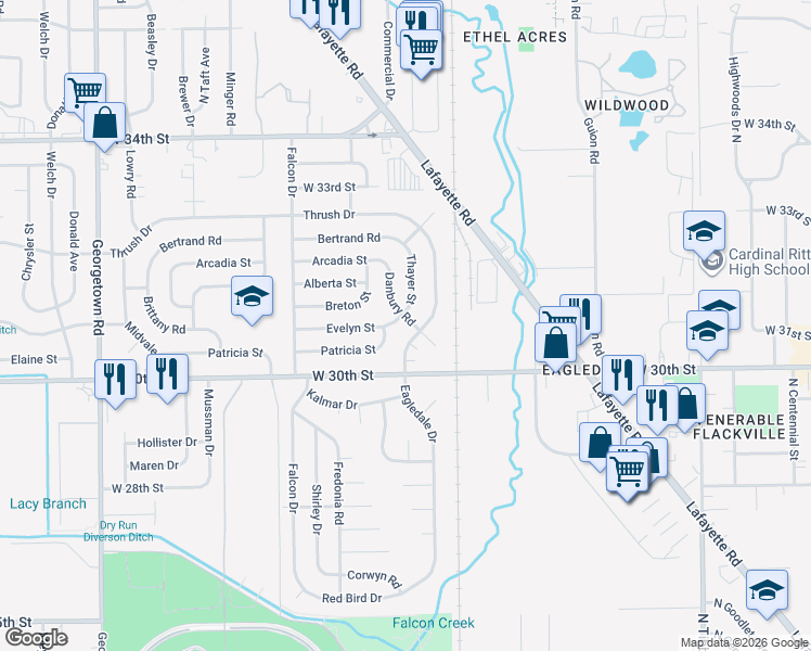 map of restaurants, bars, coffee shops, grocery stores, and more near 3107 Thayer Street in Indianapolis