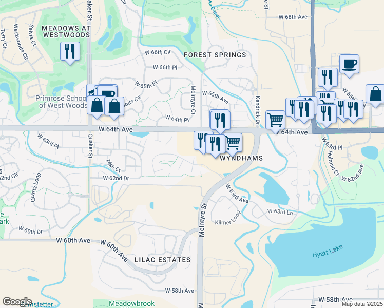 map of restaurants, bars, coffee shops, grocery stores, and more near 6321 McIntyre Way in Arvada
