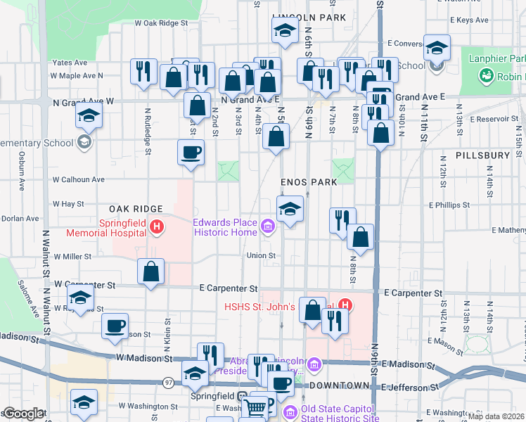 map of restaurants, bars, coffee shops, grocery stores, and more near 900 North 4th Street in Springfield