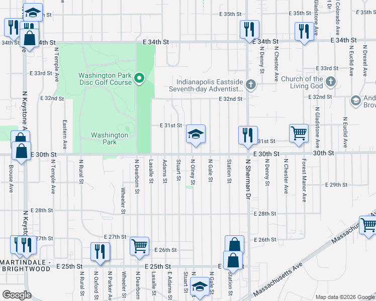 map of restaurants, bars, coffee shops, grocery stores, and more near 3026 North Olney Street in Indianapolis